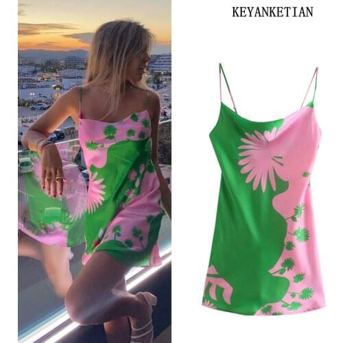 KEYANKETIAN za New style ladies fashion silk satin texture printed mini dress retro thin shoulder strap lining womens dress