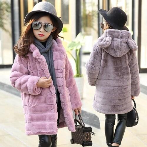 3-12T Faux Fur Coat Girl Winter Warm Coat 2018 New Fashion Hooded Solid Thick Long Fluff Casual Jackets Gray Pink High Quality