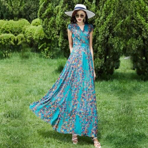 2021 Chiffon short sleeve dress womens summer new Long Floral Print Dress