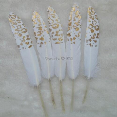 White Duck Cocottes Feathers with Gold Leopard Painted,Leopard Painted craft feathers,Perfect for Millinery,50pcs/lot