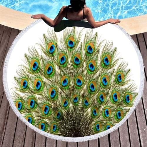 Free shipping Fringed Large Swim Pool Bath beach towel Blanket Beautiful Watercolor Peacock Feathers Print 150cm Drop Shipping