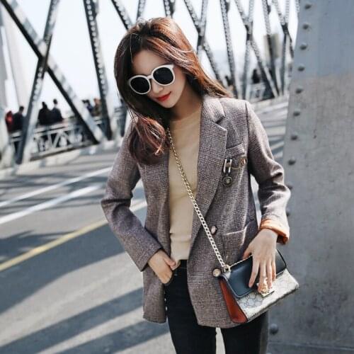 Women Autumn Winter Plaid Woolen Blazer Thick Jacket Suit Blazers Long Sleeve Office Work Coat Double-breasted Casual Jacket