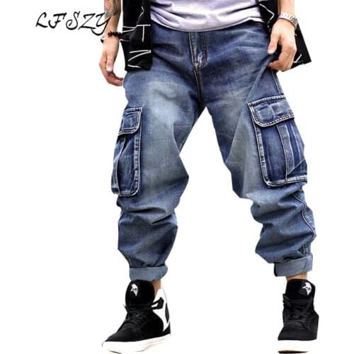 Multi-pocket jeans Mens Loose tide brand Large size Wide Leg pants Korean version of Hip-Hop Straight Tooling Skateboard Jeans