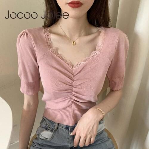 Jocoo Jolee Elegant Korean Knit T Shirt Elegant Chic V Neck Lace Patchwork Slim Tee Shirts Sexy Pleated Crop Tops Sexy Pullover
