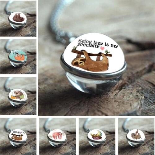 FIMAODZ Cartoon Sloth Keychain Cute Funny Lazy Animal Fashion Double Sided Glass Ball Pendant Necklaces Kids Jewelry Gift