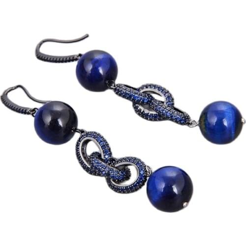 GG Jewelry Round Blue Tigers Eye Colbalt Cz pave Ring Hook Earrings
