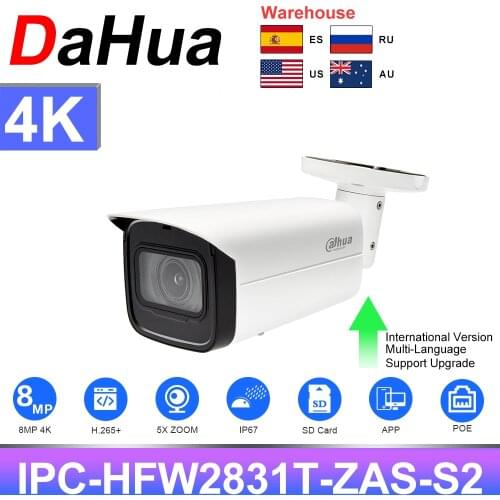 Dahua 8MP IP Camera 4K POE IPC-HFW2831T-ZAS-S2 5X Zoom Starlight SD Card Slot Audio Alarm H.265+ IR60M IVS IP67 2.7mm-13.5mm APP