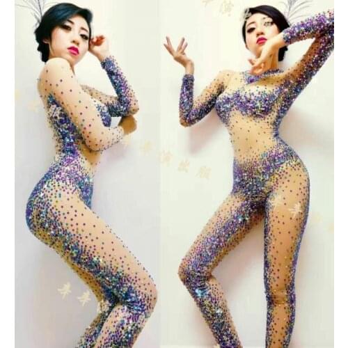 Fashion Design Sexy Perspective Rhineston Bodysuit Costume Party Show Female Singer Stage Nightclub Performance Wear Jumpsuit