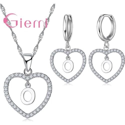 High Quality 925 Sterling Silver Crystal Jewelry Sets Elegant Hollow Heart Shape Women Letter Necklace Earrings Set