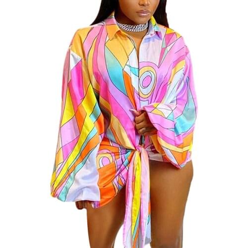 Hirigin New Fashion Women’s Casual Lantern Sleeve Shirt Cover Up Geometric Print Lapel Loose Single-breasted Cardigan Blouse