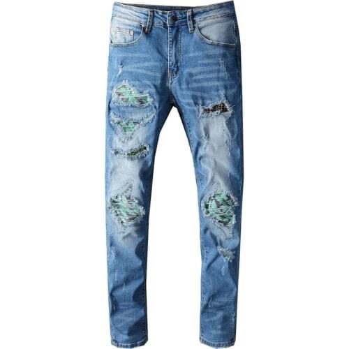 New mens male trousers High street fashion blue brand damage wash patch diamond jeans ripped elastic slim-fit denim pants 658