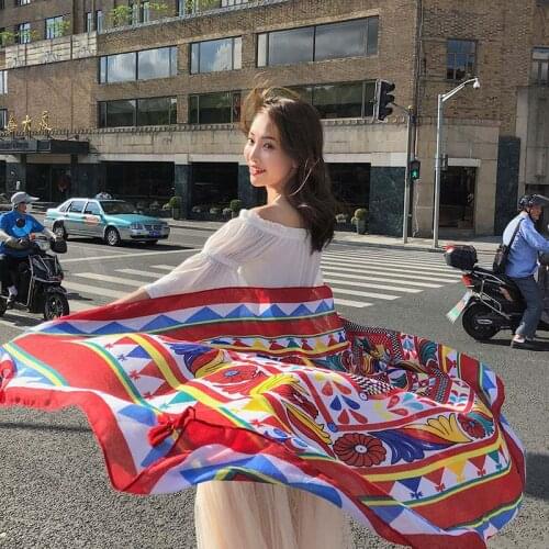 New Ethnic Wind Scarf Female Tassel Printing Large Shawl Spring and Summer Travel Scarf Seaside Holiday Sunscreen Beach