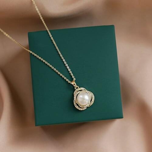 New Style Simple Pearl Pendant Fashion Girl Inlay Zircon Gold Color Necklace Charm Women Cocktail Party Jewelry Accessories