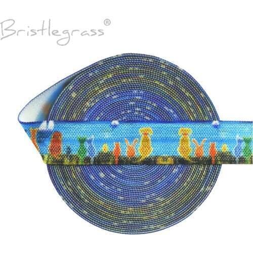 BRISTLEGRASS Wholesale 50 Yard 5/8" 15mm Cartoon Cat Print Fold Over Elastics FOE Spandex Satin Bands Hair Tie Tutu Dress Sewing