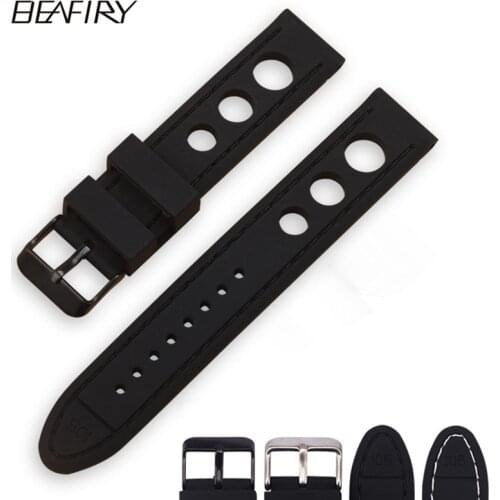 BEAFIRY Unique Hole Design 20mm 22mm 24mm Silicone Rubber Black Watch Band Strap Waterproof Watchband Sport Watches Belt