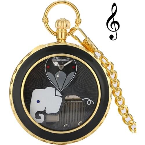 Novel Playing Song Watch Vintage Men Women Quartz Pocket Watches with Swan Lake Music Elephant Dial Pendant Clock Collectable
