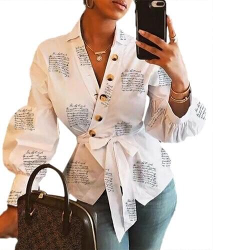 Women Ladies Casual V Neck Button Long Lantern Sleeve Bow Belt Bandage Tunic Loose T-shirt Tops