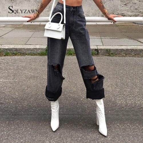 Streetwear Jeans Woman Trousers High Waist Straight Jeans Lady broken Hole Ripped Design Black Blue Denim Pants Boyfriend Jeans