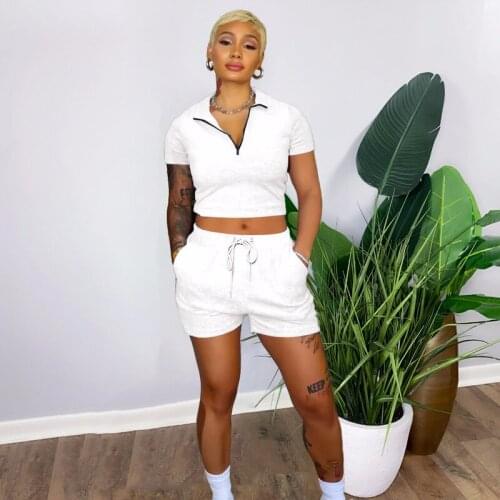 Fitness Activewear Womens Tracksuit Solid Sporty Matching Sets Short Sleeve Zippers Crop Tops Bikers Shorts Sets Two Piece Sets