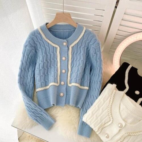 High Quality Fashion Women Cardigan Long Sleeve Slim Sweet Pearl Button Knitted Sweater Solid O-neck Female Cardigan Pull Femme
