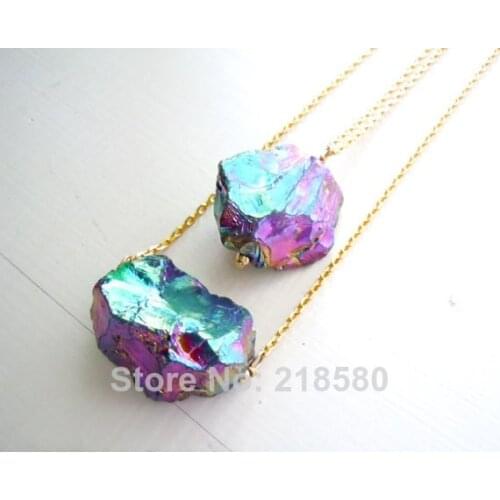 H-QN91 Raw Rainbow Crystal Quartz Nugget Necklace Two Styles Free Form Stone Pendant Sliver Or Gold Color Long Chain Necklace