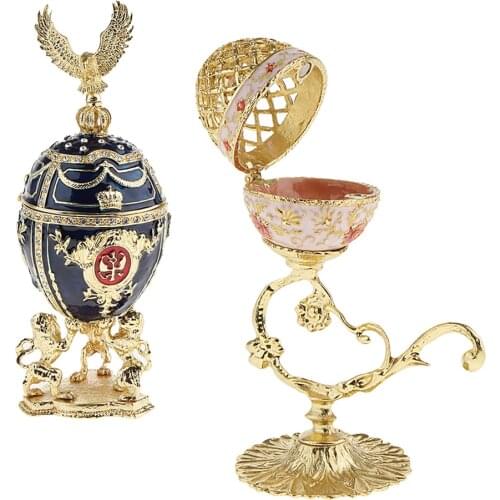 2Pcs Easter Enamel Metal Embroidery Figurine Egg Case Jewelry Box Organizers