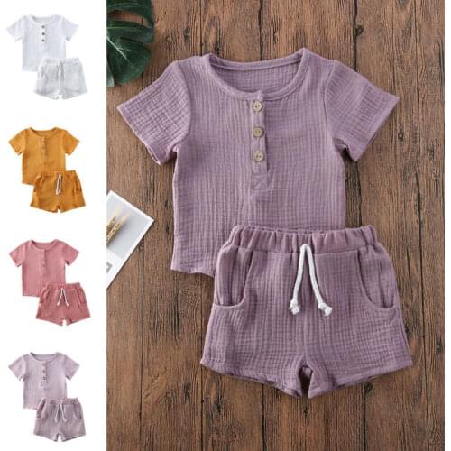 2020 Toddler Kids Baby Girls Boys Summer Casual Clothes Cotton Linen T-shirt Tops+Pocket Shorts Pants Outfit 2Pcs Set 6M-6T