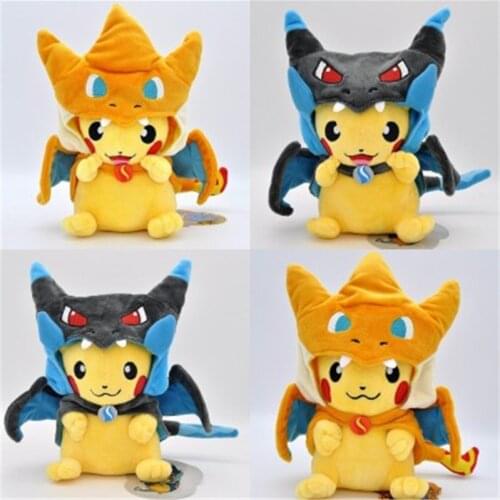 22cm TAKARA TOMY Pokemon Pikachu Plush Toy Charizard Hat Pikachu Doll Soft Stuffed Toys Kids Birthday Gift