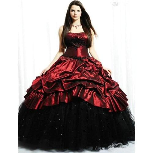 Ruched Ball Gown Vintage Wedding Dress Strapless Floor Length Bridal Dresses Dark Red And Black Wedding Gowns Back Lace Up