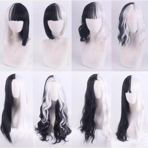 Long curly half black half white wig short straight Synthetic hair With Bangs Danganronpa Monokuma Bungo Stray Dogs Cosplay wig
