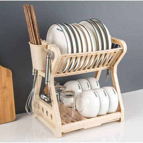 Double-layer Kitchen Dish Bowl Drying Rack Draining Storage With Chopstick Cage Household Tableware Organizer Tray Box Basket