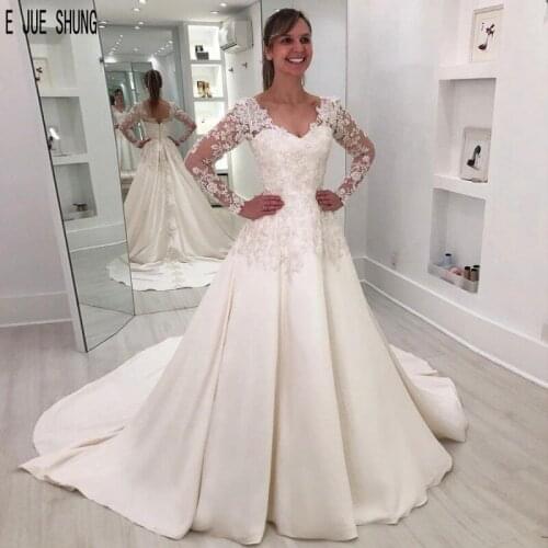E JUE SHUNG Satin Wedding Dresses With Long Sleeves V Neck Lace Appliques Bridal Gowns Zipper Back Robe De Mariee Wedding Gowns