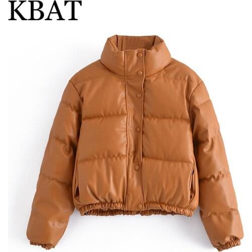 KBAT 2021 Winter Women Solid Faux Leather Parkas Jacket Coat Oversized Zipper Female Thick Pu Crop Coat Overcoat