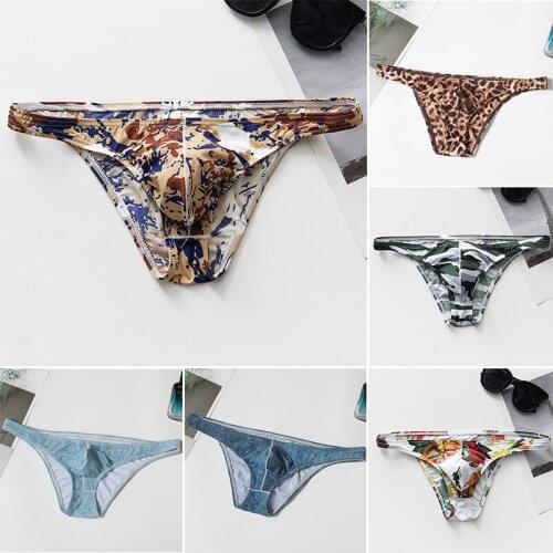 Mens Sexy Low Waist Print Breathable Briefs Smooth Elastic Ice Silk Underpants Bikini Mens Underwear Exotic Sexy Lingerie New