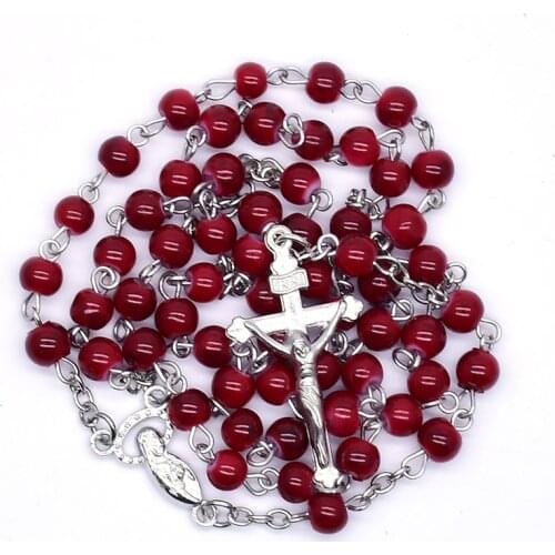 Red Rosary Beaded Necklace Virgin Mary Cross Pendant Necklace Our Lady of Fatima Lourdes Guadalupe Mary Center Medals Jewelry