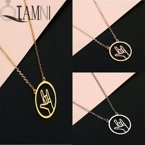 QIAMNI Rock Roll Finger Hand Gestures Pendant Necklace Hiphop I Love You Palm Sign Language Round Necklace Choker Gift Jewelry