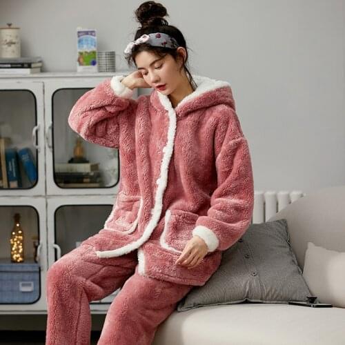 Pajamas Womens Autumn and Winter Thick Flannel Warm Plus Plush Cute Cartoon Plush Home Clothing Hooded Suit Winter Pajamas
