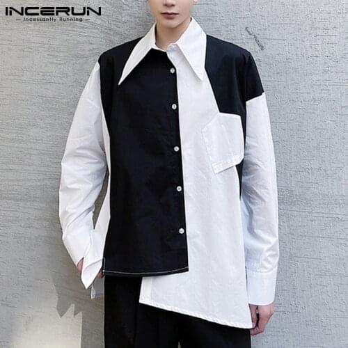 Fashion Men Shirt Patchwork Lapel Streetwear Long Sleeve Casual Camisas Hombre 2021 Button Personality Irregular Shirt INCERUN 7