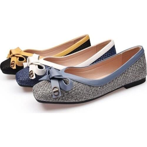 Womens Flat Shoes Spring and Summer 2021 New Fashion Woven Bow Square Toe Single Shoes Soft Sole Large Size Womens Shoes