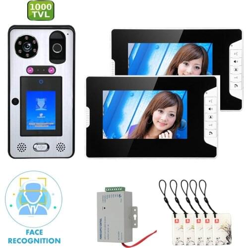 7 inch 2 Monitor Video Door Phone Doorbell Intercom System with Face Recognition Fingerprint RFIC Wired 1000TVL Camera