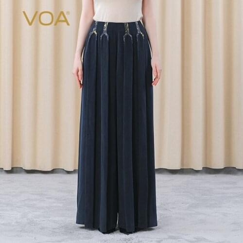 VOA Silk Navy Natural Waist Trousers Yarn Dyed Jacquard Stitching Decorative Three Dimensional Pleated Wide Leg Pants KE281