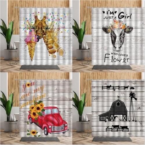 Farm Design Flower Cow Car Bathroom Shower Curtain Rustic Wooden Plank Waterproof Fabric Home Decors Bath Curtains Set 240x180cm