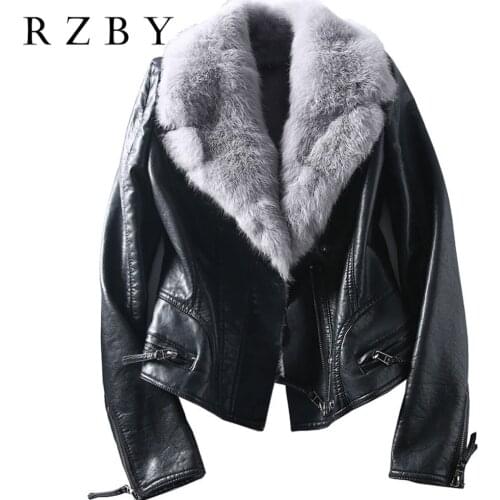 RZBY women Natural Rex rabbit fur collar short leather jacket velvet thick winter slim slimming motorcycle pu leather coat S-3XL