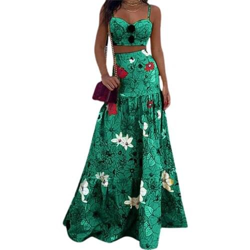 Women Skirt Floral Print Spaghetti Strap Summer High Waist Large Hem Skirt Set for Beach