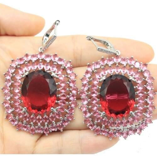61x40mm European Design 29g Created Pink Tourmaline CZ Ladies Dating Silver Earrings Eye Catching