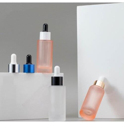 2021 New 30ml Pink Frosting Glass Dropper Bottle Aromatherapy Liquid Metal Cap Serum Massage Oil Pipette Refillable Bottle