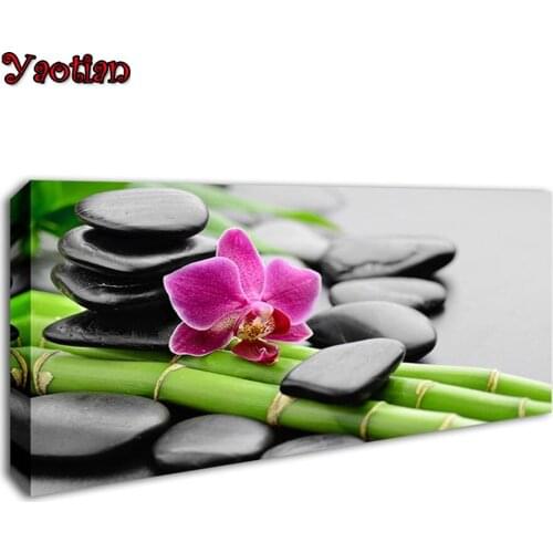3D Full Round Diamond Embroidery Green Bamboo Stone Orchid DIY Diamond Painting Large Size DIY Diamond Mosaic Rhinestones