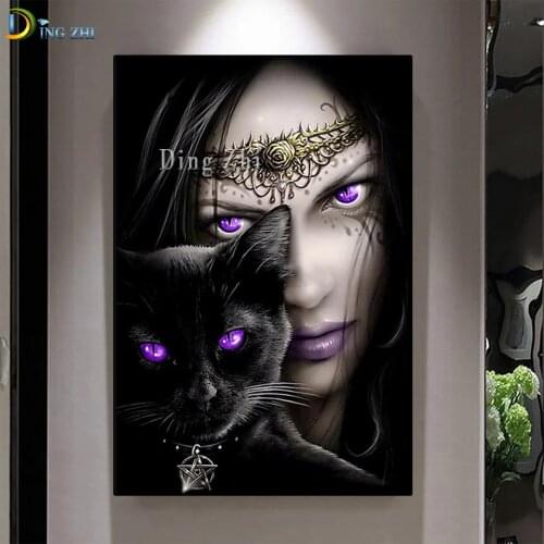 Diamond Painting DIY Vampire Woman With Black Cat Cross Stitch Full Square Round Drill Embroidery Handmade Home Wall Decor Craft