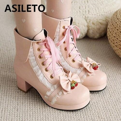 ASILETO Winter Midcalf Boots Women Lolita Platform Cute Lace Bow Plus Size 40-43 Japanese Style School Lace-up Boots S2469
