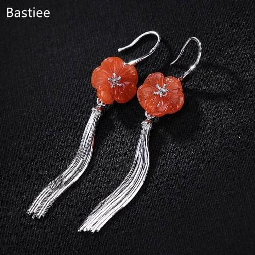 Bastiee Silver 925 Jewelry 925 Sterling Silver Earrings Dangle Earrings Vintage Korean Earrings Golden Plated Red Agate